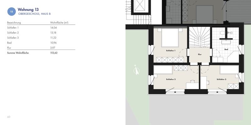 Wohnung 13 Obergeschoß Grundriss und Wohnfläche