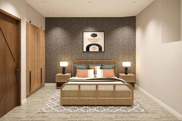 Schlafzimmer mit dekorativer Akzentwand und harmonischen Farben