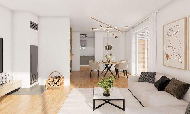 Wohnzimmer und Essplatz mit Kamin