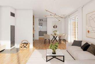 Wohnzimmer und Essplatz mit Kamin