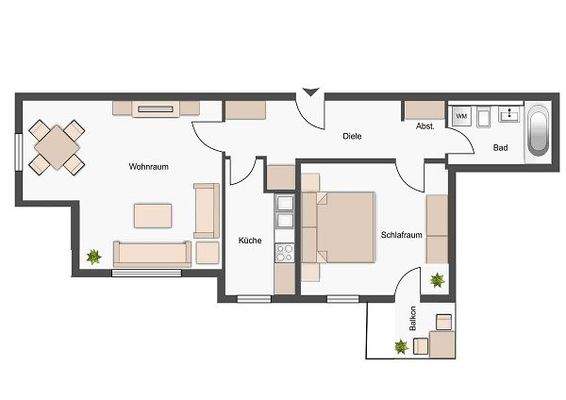 Grundriss der 2-Zimmer-Wohnung: Vom Flur aus erreichen Sie das Wohnzimmer mit einer kleinen Dachschräge, Küche, Schlafzimmer mit Zugang zum Balkon und das Badezimmer mit Dusche.
