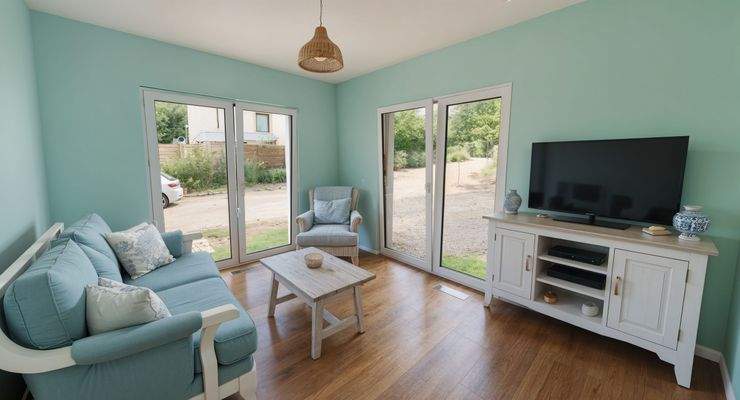 Wohnbereich mit Zugang zu Terrasse und Garten - Wohnzimmer, Maritim - (KI generiert)