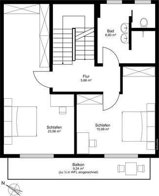 Obergeschoss mit 58,63qm Wohnfläche / Südwest-Balkon mit 9,24qm zu 1/2 in WFL eingerechnet