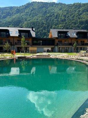 Blick vom Teich auf die Wohnung