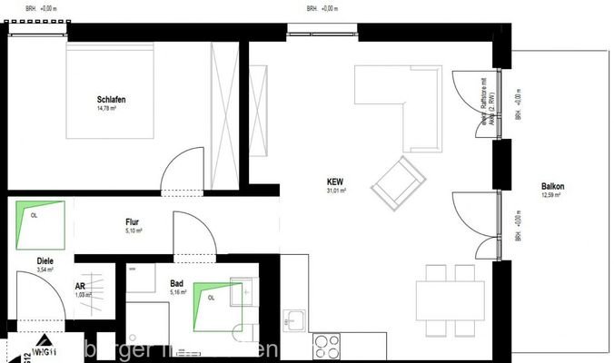 Grundriss Wohnung 11 mit Flächenangaben