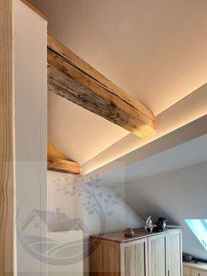 Detail: gelungene Kombination : erhaltene Original - Deckenbalken, moderne Beleuchtungstechnik 