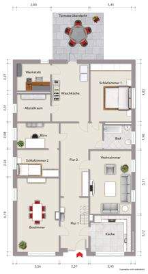 Grundriss Erdgeschoss (nicht maßstabsgerecht, Möblierungsbeispiel)
