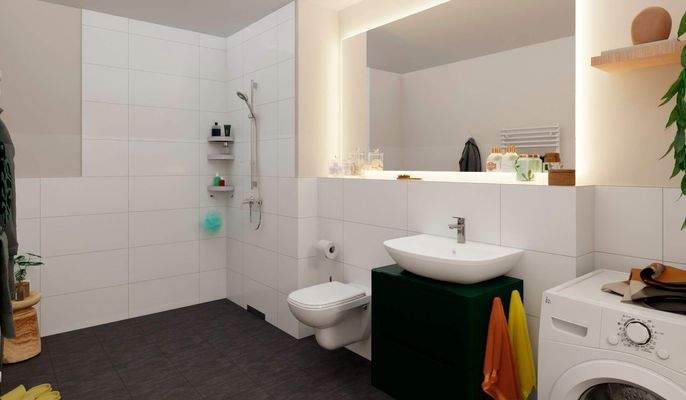 Modernes Bad mit bodengleicher Dusche und praktisc