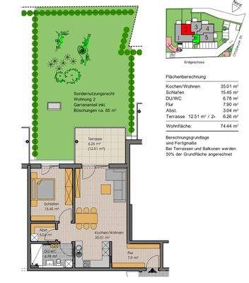 Grundriss Whg. Nr. 2 (nicht maßstabsgetreu - kann vom Original abweichen)