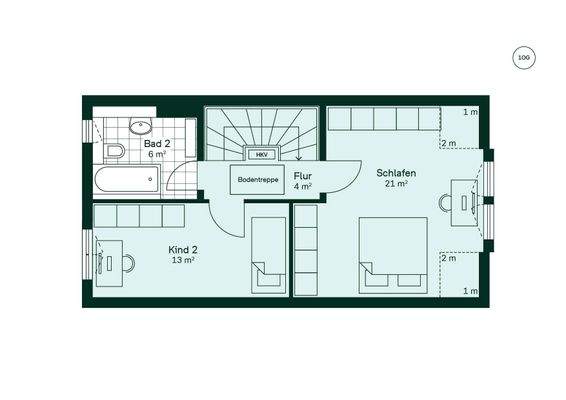 Moderner Grundriss im Obergeschoss